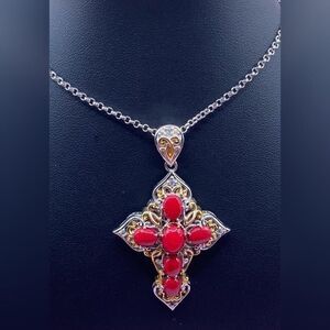 Made in Italy 925 Sterling Silver Red Cabochon Cross Pendant Necklace Two Tone